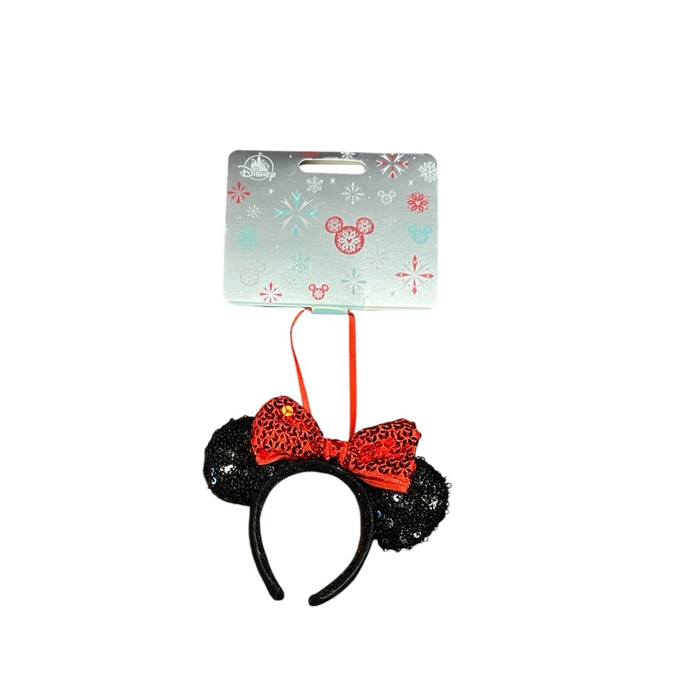 Disney Minnie Mouse Black Sequin Ears Headband with Red Christmas ornament